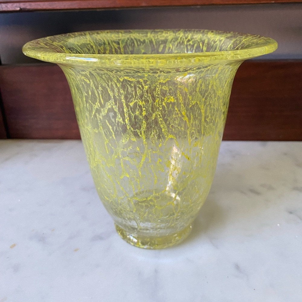 Vintage German glass vase, 6 inches tall‎ by 6 inches wide across top.